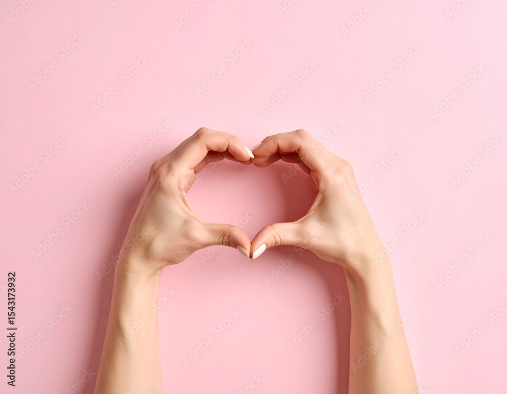 Fototapeta premium 両手でつくったハート ラブ バレンタイン ピンク背景