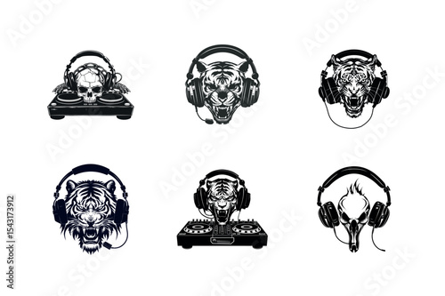 Animal heads with headphones dj silhouette