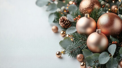 rose gold Christmas ornaments with eucalyptus leaves flatlay on soft white background 