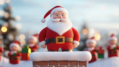 Santa Claus figure standing on snowy chimney with festive background, surrounded by cheerful holiday decorations and gifts. scene evokes joyful and magical Christmas spirit