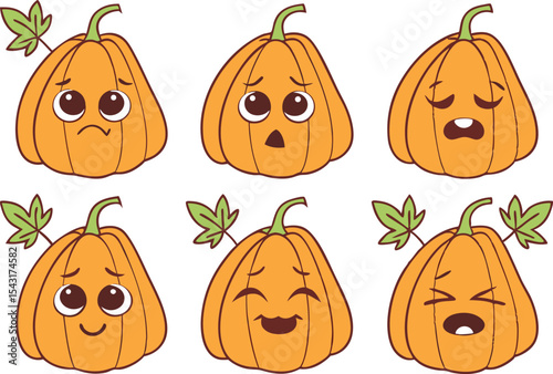 Pumpkin Cartoon Clipart Set for Halloween and Fall. Cute Pumpkin Cartoon Illustrations for Kids. Hand Drawn Pumpkin Cartoon Characters Collection. Funny Pumpkin Cartoon Set for Autumn Design
