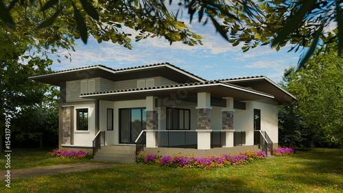 A 3D-rendered modern single-story house with contemporary architecture features clean lines, flat roofs, stone and white siding, surrounded by lush green landscaping and colorful flowers.