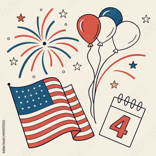 Patriotic USA Independence Day celebration with fireworks, flags, and heart designs