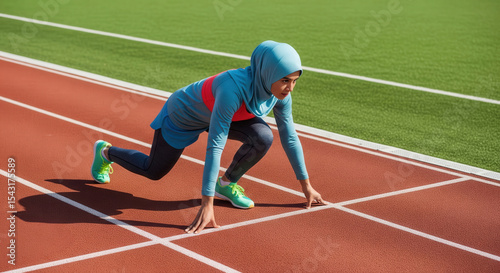 Sporty Muslim woman in modest athletic outfit and hijab at starting line on stadium track, ready to launch into sprint.