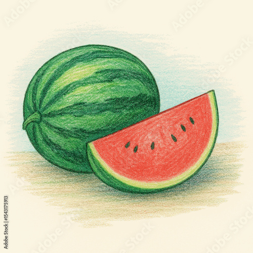 Hand-drawn fresh green watermelon with a red sliced portion