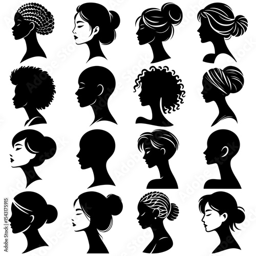 Set of Minimalist Black and White Vector Illustration of Women’s Side-profile Silhouettes