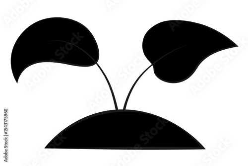 The sprout of the seedling broke through the soil. Silhouette. Two branches with leaves on a handful of earth. Vector illustration. Isolated white background. Cartoon. 