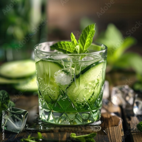 Refreshing cucumber and mint cocktail in emerald glass with ice and condensation on a warm day