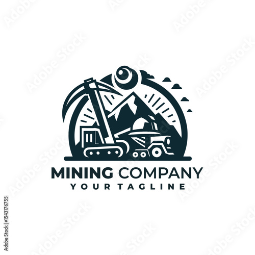 Mining Industry Logo Design with Excavator and Mountain Silhouette

