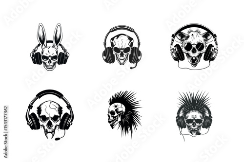 Six skulls with headphones silhouette