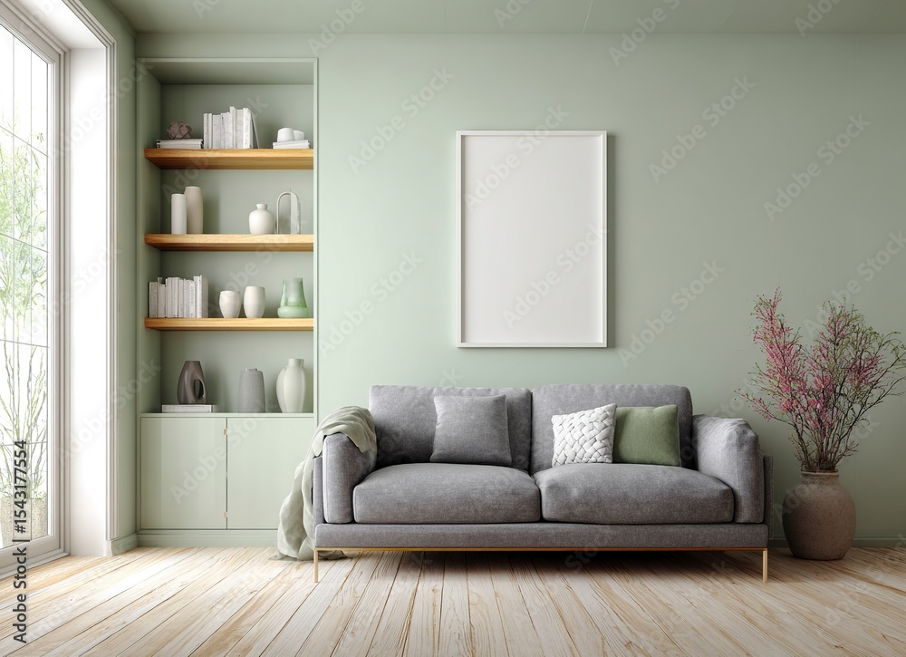 Fototapeta premium Minimalist interior of a living room with a grey sofa near a shelf and an empty frame on a light green wall, with a white wooden floor. Scandinavian home decor design concept, the winner
