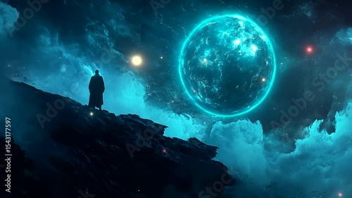 A solitary figure stands on a rocky cliff under a glowing blue planet amidst swirling clouds