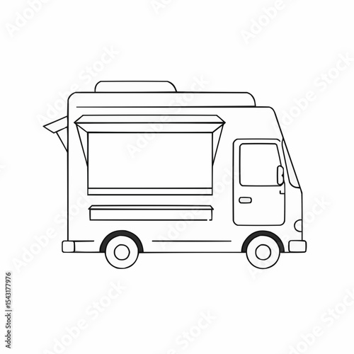 Food truck illustration in minimalist line art style on white background  