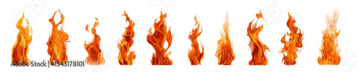 Set of vertical fire flames, various shapes and sizes, isolated on a Transparent background, PNG file. background