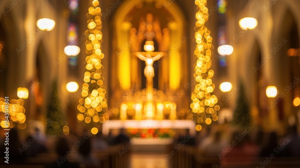 Obraz premium blur vibrant and festive catholic church during what appears to be christmas time. the interior of the church is decorated with numerous illuminated christmas trees, which add a warm glow to the space