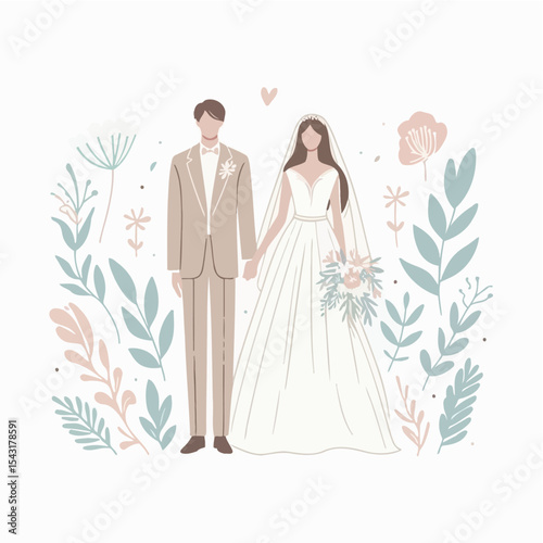 Wedding Party Flat Design Illustration with Bride and Groom

