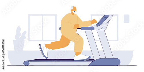 Senior man working out on a treadmill, staying healthy and active lifestyle