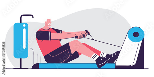 A man is exercising on a rowing machine in a minimalist graphic style