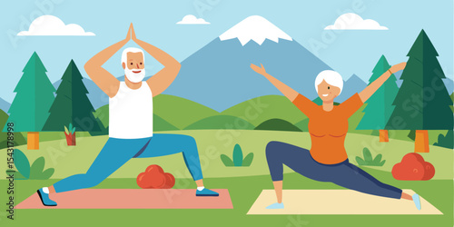 doing yoga in the mountains, a fun cartoon illustration of a person exercising in nature
