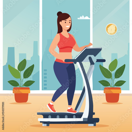 Woman working in office kitchen and hotel room cartoon vector illustration with computer desk and home environment elements