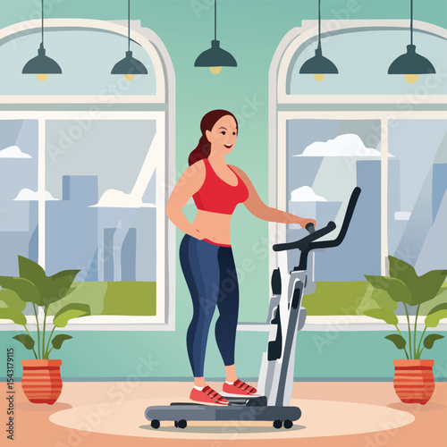 Young woman smiling while exercising on a treadmill in a home gym