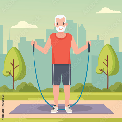 Active senior people enjoy healthy, active lifestyles, with a woman exercising and a man jogging or walking in a park, some using equipment like trekking poles or crutches