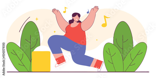 Woman happily dancing to music in an outdoor setting with plants