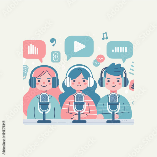 Live Broadcast and Podcast Setup Cartoon Style Vector

