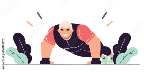 Cartoon man doing pushups in nature with a determined facial expression