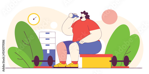 Woman Hydrating After Workout Sitting on a Bench with Exercise Equipment