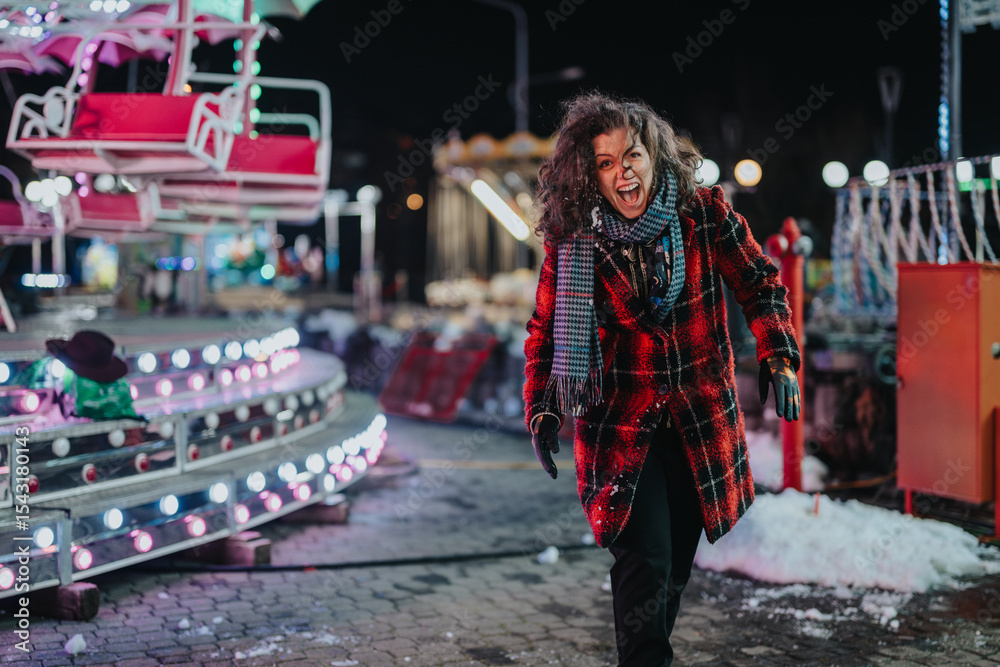 A vividly lit amusement park at night featuring a woman joyfully expressing excitement during winter A vividly lit amusement park at night featuring a woman joyfully expressing excitement during winter
