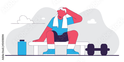 Man Resting After Workout with Dumbbell, Water Bottle, and Clouds