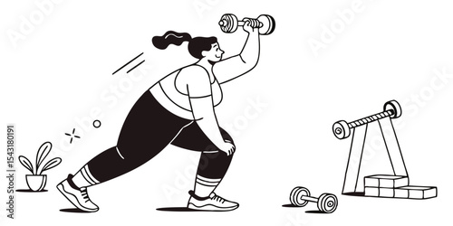 Black cartoon vector drawing of a man with a dumbbell