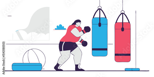 Illustration of a Female Boxer Training with Punching Bags in a Gym