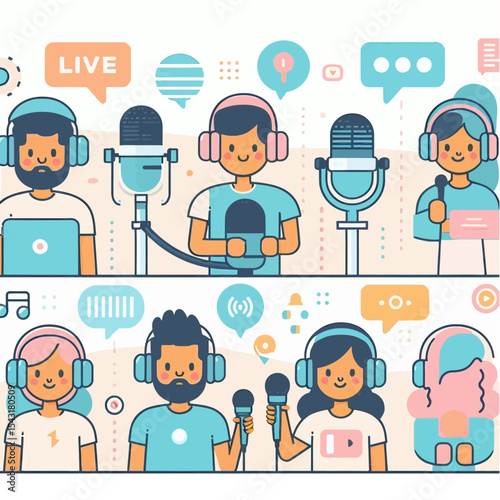Audio Podcast Cartoon Vector with Broadcasting Characters

