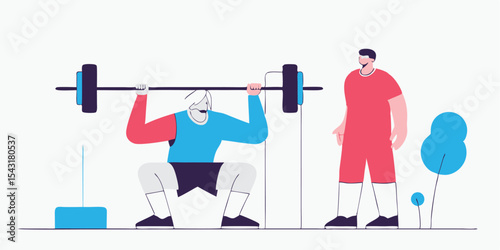 Illustrated weightlifter performing a squat with a coach watching, minimalist style