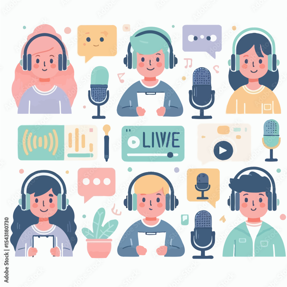 Fototapeta premium Cartoon Characters Recording Podcast and Live Streaming Vector Illustration