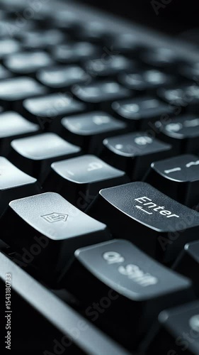 Finger Presses Enter Button on Dark Modern Keyboard Closeup