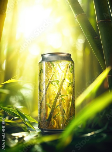 Metal can filled with bamboo shoots, bathed in sunlight, in a lush jungle setting