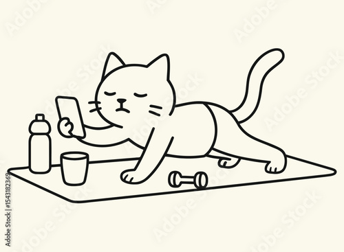  Funny Line Art Lazy Cat Doing Yoga While Looking at Phone