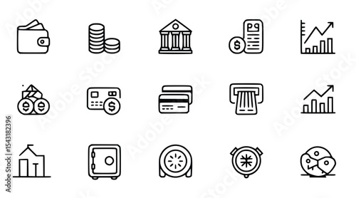 Finance Icon Set: Banking, Wallet, ATM, Credit Card, and Investment Growth Symbols, silhouette