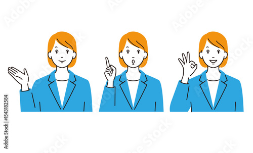 案内/紹介するスーツ姿のビジネスパーソン女性のベクターイラストセット