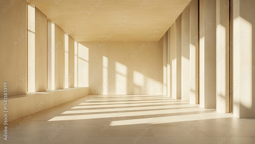 Fototapeta premium Light-filled, minimalist interior. Beige walls, floor, and columns create a spacious, sunlit room with large windows