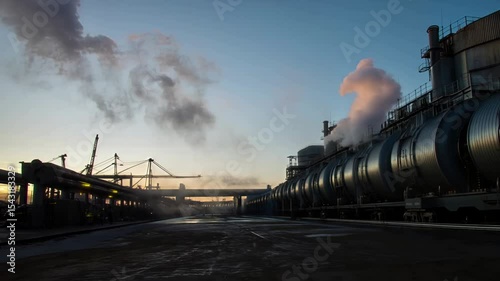 Industrial Facility with Large Metal Structures Emitting Steam and Smoke at Sunset