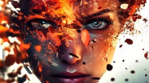 A striking close-up of a woman's face with fragmented elements depicting strength and resilience