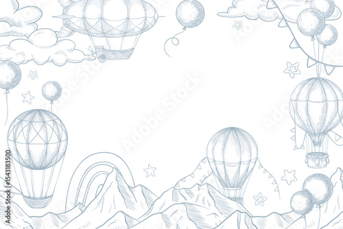 Vector frame illustration with air balloons, clouds, mountains, and rainbows in outline engraving style. Linear drawing of Template with aerostats Great for Baby shower greeting cards or invitations.