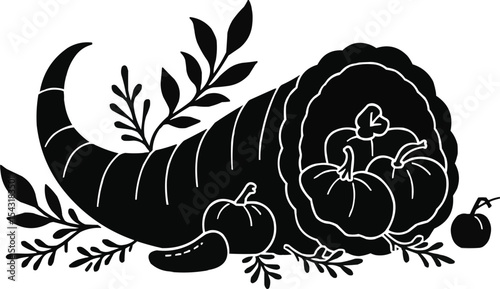 A set of Thanksgiving-themed black silhouettes including:
– cornucopia,
– pumpkins,
– maple and oak leaves,
– acorns,
– wheat stalks,
– pie slice,
– fall fruits like apples and corn.
Designed with con
