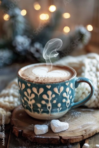 Hot chocolate cup with heart-shaped steam creates a cozy winter atmosphere in a green-themed setting