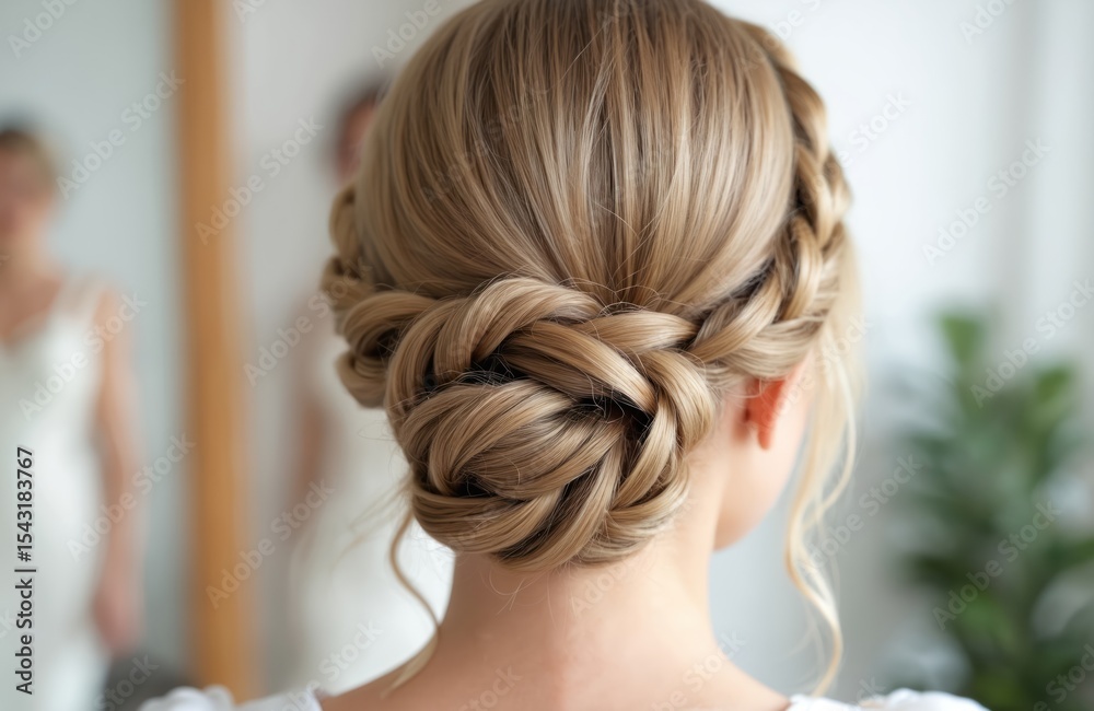 Fototapeta premium Blonde girl elegant braided hairstyle bun, perfect for wedding. Pro hairstyling. Intricate updo with beautiful volume, braid, classic look, creating romantic fashion. Ideal for bridesmaid, bride.