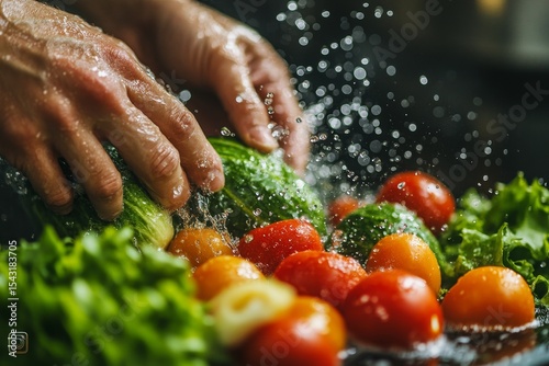 Close-up of hands washing vegetables under tap water, cleaning ingredients to prepare a fresh salad, promoting healthy eating habits., Generative AI